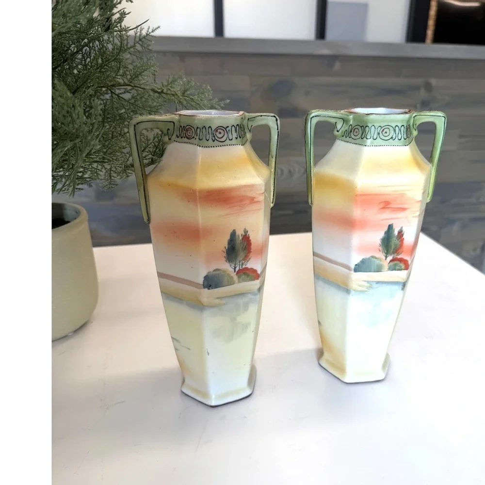 Antique Nippon Hand Painted Landscape Vases Moriage Gilt Porcelain Pair 9.5